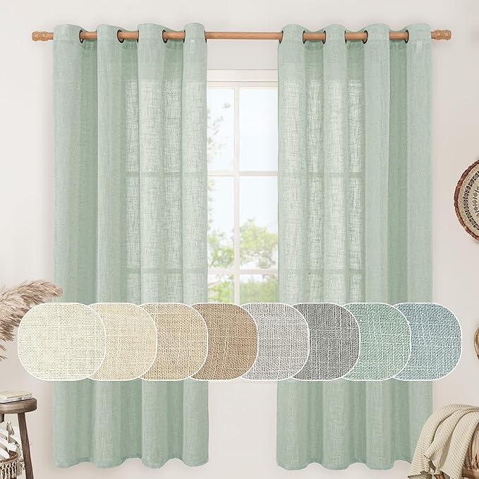 LAMIT 72 Inch Linen Sheer Curtains for Bedroom, Linen Textured Light Filtering Drapes Bronze Grommet Boho Neutral Panels for Farmhouse/Living Room, 2 Panels, 52 x 72 Inch, Light Sage