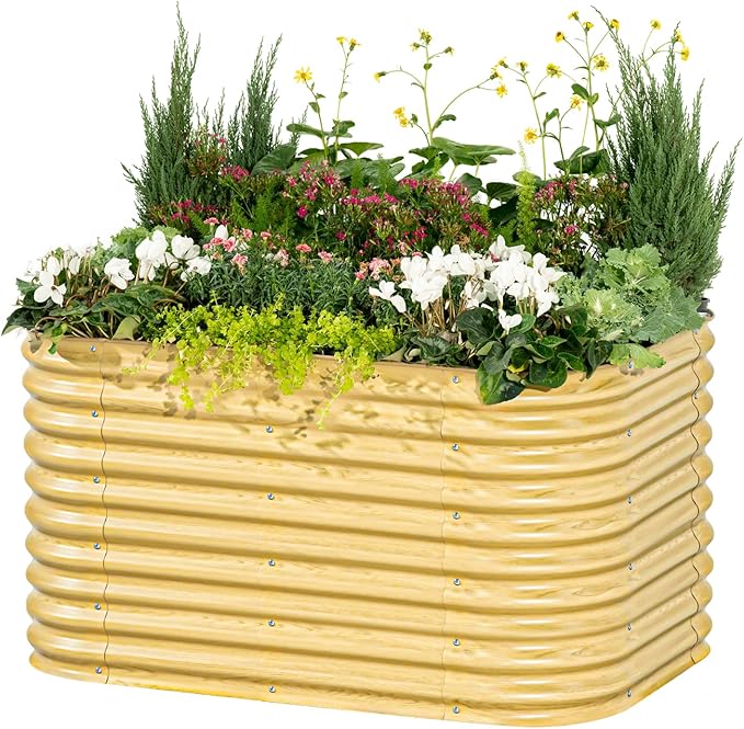 Vego garden 32" Extra Tall Raised Garden Bed Kits, 6 in 1 Modular Raised Planter Box for Vegetables Flowers Fruits Oval Metal Raised Garden, Sunlit Oak