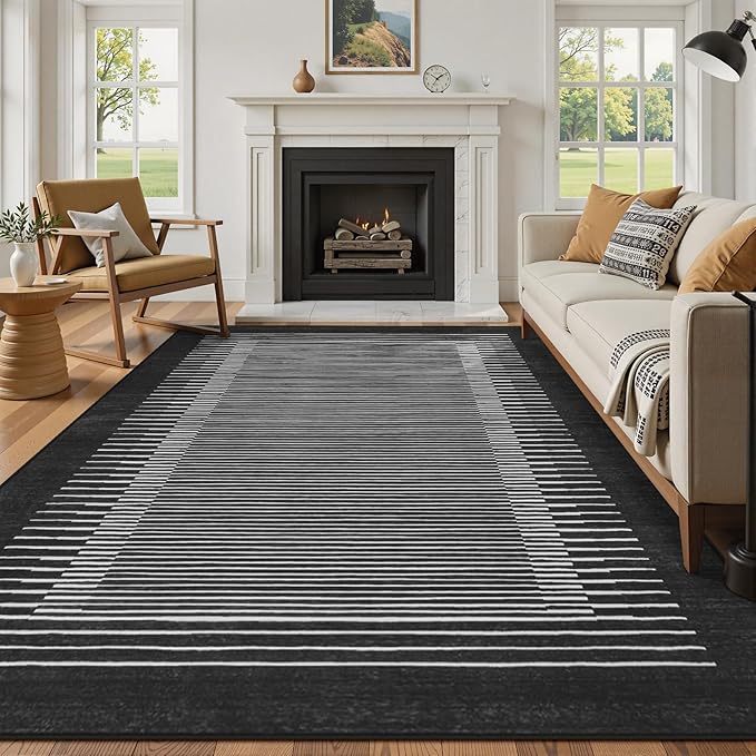 Wonnitar Striped Black Area Rugs 9x12 Living Room, Non-Slip Soft Berber Stripe Bedroom Rug, Low Pile Minimalist Floor Carpet for Dining Room Living Room Department (Black,9' x 12')