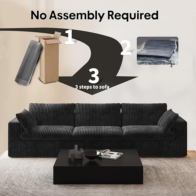118" 3-Seater Cloud Sofa,Modular Sectional Couch,Modern Deep Seat Upholstered Couches with Plush Corduroy Fabric for Living Room Furniture,Bedroom and Apartment,No Assembly Required,Black