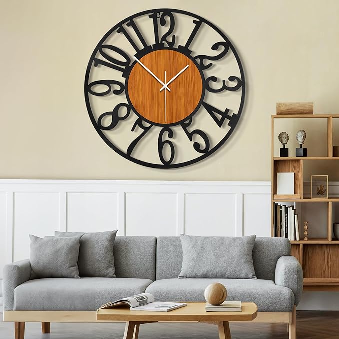 LEIKE 32" Oversized Large Wall Clocks,Silent,Non Ticking,Battery Operated Modern Round Big Wood Decorative Metal Wall Clock for Living Room, Bedroom,Kitchen,Farmhouse,Office Decor - Black,32 Inch