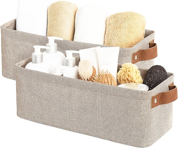StorageWorks Narrow Storage Bins, Small Basket for Closet and Shelves, Fabric Organizer with Handles, Toilet Paper Storage, Brown and Beige, 2-Pack