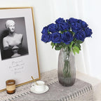 Blue Fake Roses Artificial Flowers - 10 Pcs Fake Artificial Roses Silk Flowers with Stems for Home Wedding Hotel Office Centerpiece Decor（Navy Blue）
