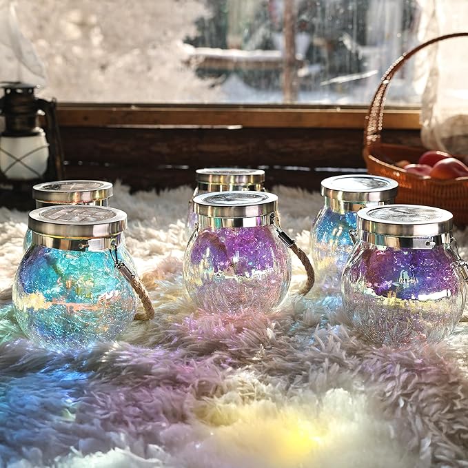 Cooo 6 Pack Solar Lantern Outdoor Waterproof Iridescent Crackle Glass with 215% Larger Solar Panel, Stainless Steel Lid – Rainbow Glass Hanging Light with Cool White LED for Garden Patio Table