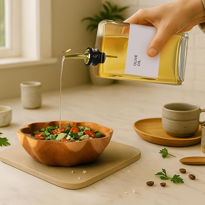 Olive Oil Dispenser Bottle - Includes 44 Kitchen Essential Labels - Cooking Oil Bottles for Kitchen, Coffee Syrup Dispenser - Pourer Spout with 11.8 fl oz Glass Container Cruet - 2pcs, Gold
