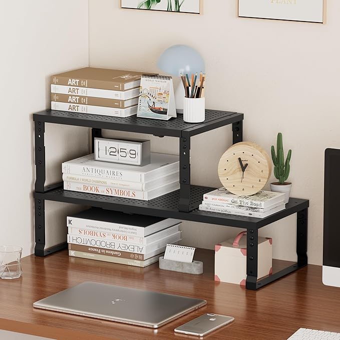 Metal Stackable Expandable Storage Shelf - Multi-Functional Home Storage Shelf, Suitable for Kitchen, Cabinet，Bathroom, Office, Garage, etc.（3PACKS/Black/Medium