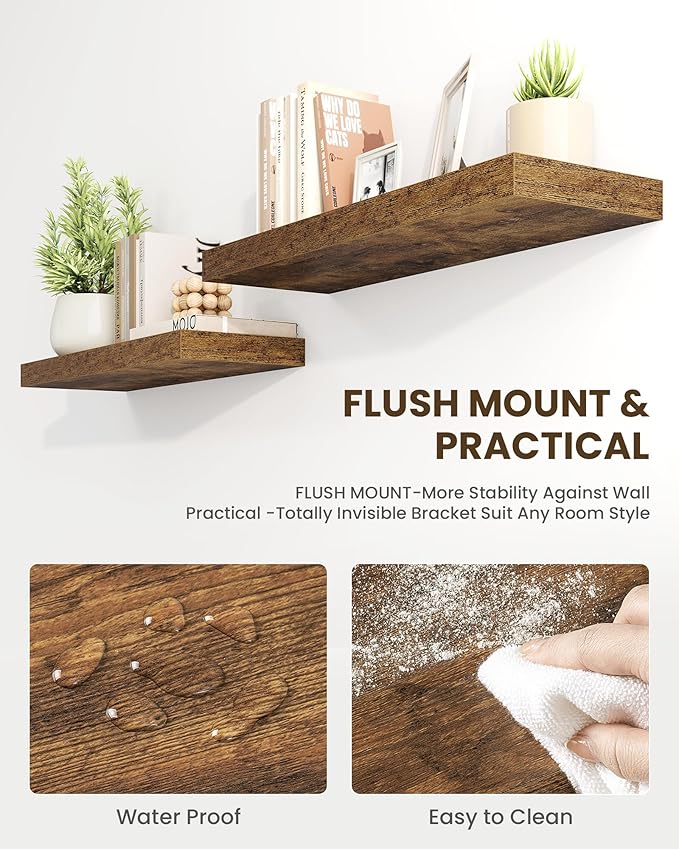 Marsmiles 24" Floating Shelves for Wall, Wooden Shelves with Invisible Brackets Set of 2, Rustic Farmhouse Wall Mounted Shelf for Kitchen Bathroom Living Room Study, Rustic Brown