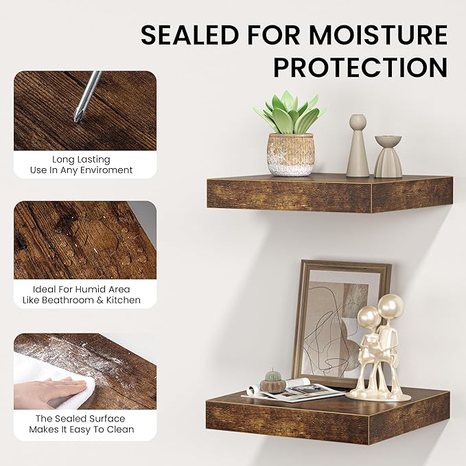 Square Floating Shelves for Wall, 10"W x 10"D x 1.2"H, Small Wooden Wall Mounted Display Shelf with Invisible Brackets for Living Room, Bedroom, Bathroom, Kitchen Decor, Set of 4, Rustic Brown