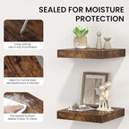 Square Floating Shelves for Wall, 12"W x 12"D x 1.2"H, Small Wooden Wall Mounted Display Shelf with Invisible Brackets for Living Room, Bedroom, Bathroom, Kitchen Decor, Set of 3, Rustic Brown