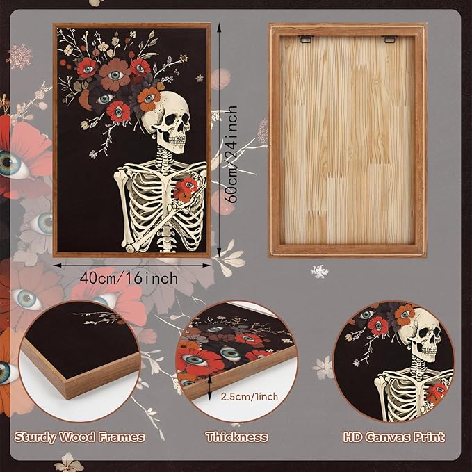KAIRNE Gothic Skull Wall Art,Halloween Skeleton Canvas Set of 3(16”x24”),Scary Skull Painting,Horror Floral Botanical Prints,Romantic Spooky Halloween Wall Art for Living Room Bedroom Goth Party Decor