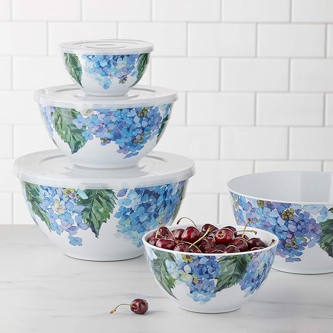 Amazon Basics Nesting Melamine Mixing Bowl With Lid And Non-Slip Base, 5 Sizes, Set Of 10, Hydrangea Floral, 3 15/16",7 9/16",8 7/8",10",11 1/4"