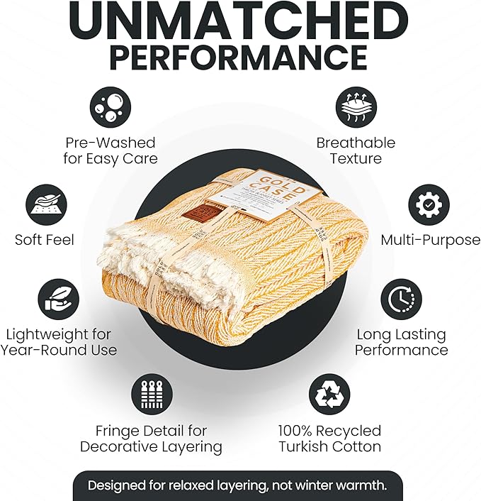 Gold Case Throw Blanket for Couch – 100% Recycled Turkish Cotton Blankets & Throws – Elegant Decorative Throw Blankets for Living Room Sofa – Woven Throws for Couch – Vintage Mustard – 50x60