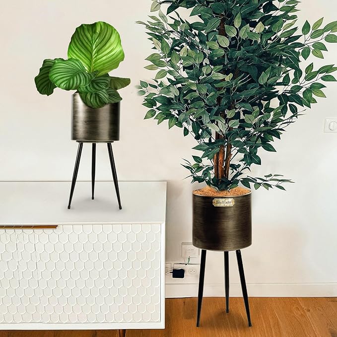 Harvest Land Plant Pots with Stand, Set of 2 Large Modern Planters Metal Tall Handmade Flower Pots with Drainage Holes Indoor Outdoor,Black