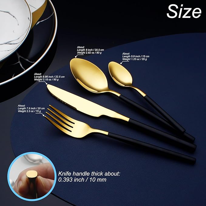 24 Piece Silverware Set For 6 Gold & Matte Black Handle Heavy duty 18/10 Stainless Steel Flatware Set Modern Design Knife/Fork/Spoon Mirror Polished Dishwasher Safe Cutlery Set with Gifts