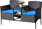 Flamaker Outdoor Furniture Patio Loveseat Wicker 2-Seat with Built-in Table and Cushions Rattan Porch Chairs Bench for Balcony, Lawn, Backyard (Blue)