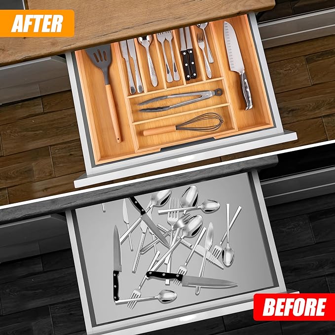 Bellsal Large Premium Bamboo Silverware Organizer - Expandable Utensil Drawer Organizer - 17"x19.6" Utensil Holder and Cutlery Tray with Grooved for Kitchen Flatware and Utensils Mother's Day Gift
