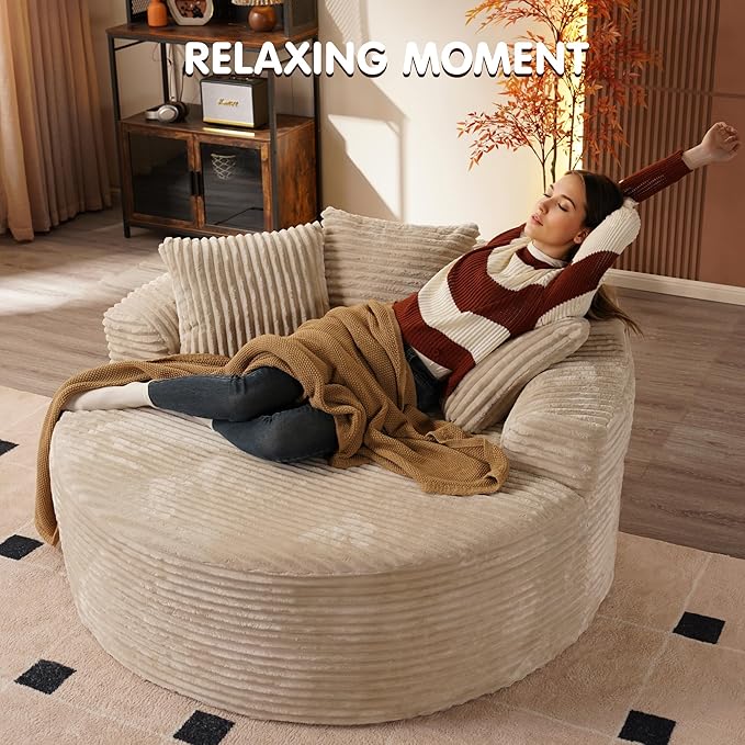 ovios 58" Oversized Round Chair Lounge Chaise Indoor, No Assembly Required, Cloud Large Circle Chair with Plush Fuax Fur, Fluffy Modern Sleeper Sofa Bed for Reading Yoga, Beige (Plush Corduroy Fabric)