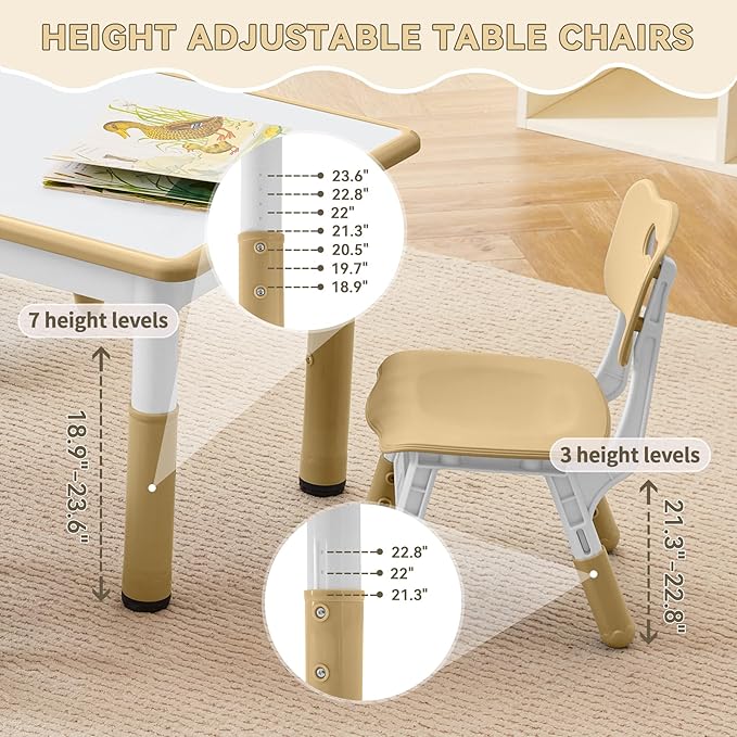 Kids Study Table and Chairs Set, Height Adjustable Toddler Table and Chair Set for Kids Ages 3-8, Graffiti Desktop (Light Brown)