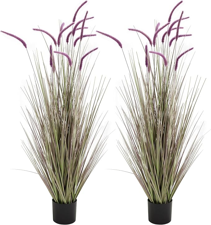 KOL Artificial 5ft 2-Pack Horsetail Reed Grass, 59in Tall Artificial Indoor Outdoor Fake Grass Plant, Home Office Décor Artificial Plants in Pot Faux Plant Greenery, Wedding Decor, Purple