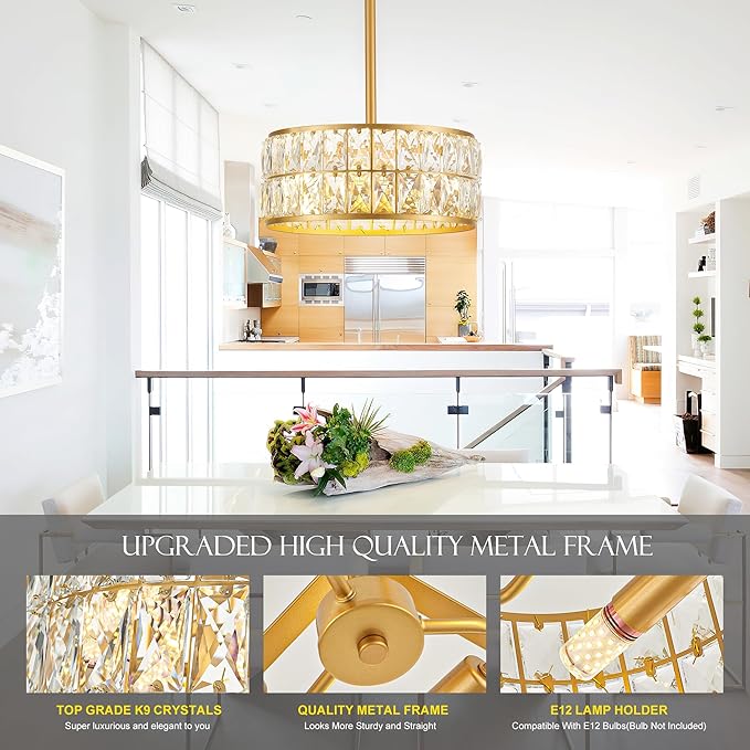12” 3-Light Modern Crystal Chandeliers Gold Dinning Room Light Fixture, Round Pendant Light Kitchen Island Chandelier, Flush Mount Ceiling Light for Living Room Entryway Bedroom Foyer