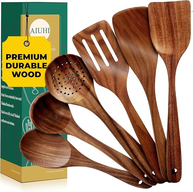 AIUHI Nonstick Natural Wooden Kitchen Utensils Set, Smooth Finish Teak Wood Spoons for Cooking, Comfortable Grip Spatula for Elaborate Cooking 6Pcs