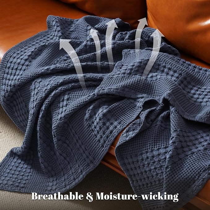 PHF 100% Cotton Waffle Weave Blanket Queen Size, Soft Lightweight Breathable Cozy Summer Blankets for Bed, Luxury Aesthetic Woven Bedding for Home Decor, 90"x90", Dark Navy