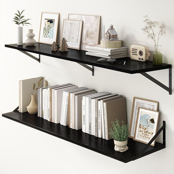 Fun Memories Deep Floating Shelves, 55W x 12D Floating Shelves for Wall, Wood Black Floating Shelf with Bracket, Wide Display & Storage Wall Shelves for Living Room, Bedroom,