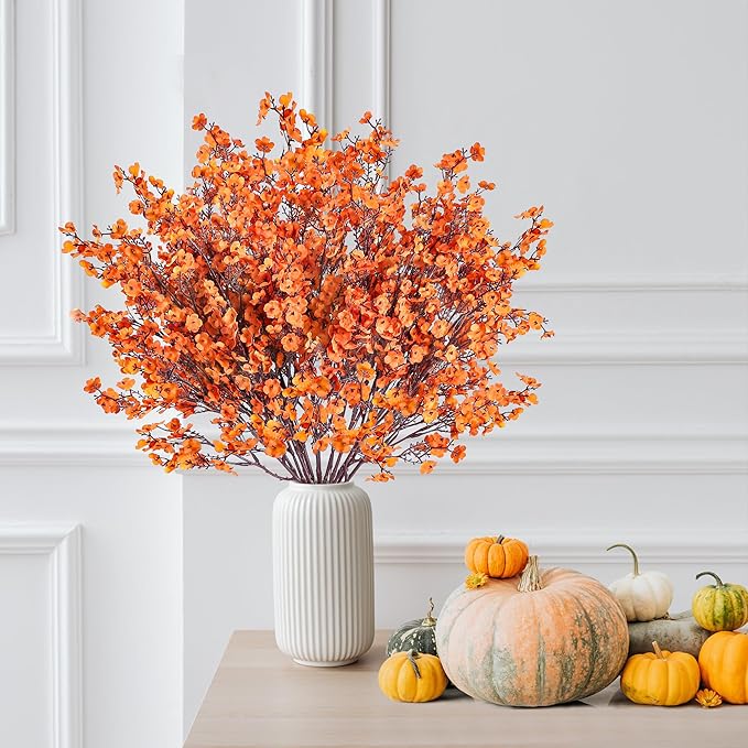 Sggvecsy 15 Pcs Babys Breath Artificial Flowers Gypsophila Bouquets Bulk Real Touch Fake Silk Flowers for Home DIY Floral Arrangement Table Centerpiece Fall Autumn Decoration (Fall Orange)