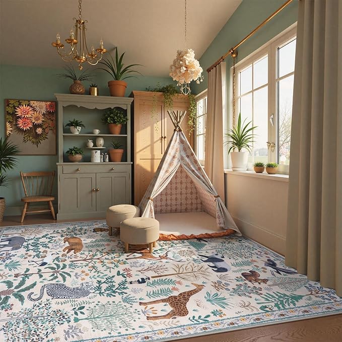 OJIA Jungle Living Room Rug 9x12 Washable Rugs for Bedroom, Ultra-Thin Modern Beige Non-Shedding Large Area Rug Playroom Rug Non-Slip Stain Resistant Accent Carpet for Kids Room Dining