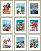 Vittanly 11x14 Picture Frames Set of 9, Shatter Resistant Plexiglass, Display 8x10 Pictures with Mat or 11x14 without Mat, Photo Frames for Wall or Tabletop, Engineered Wood, Driftwood