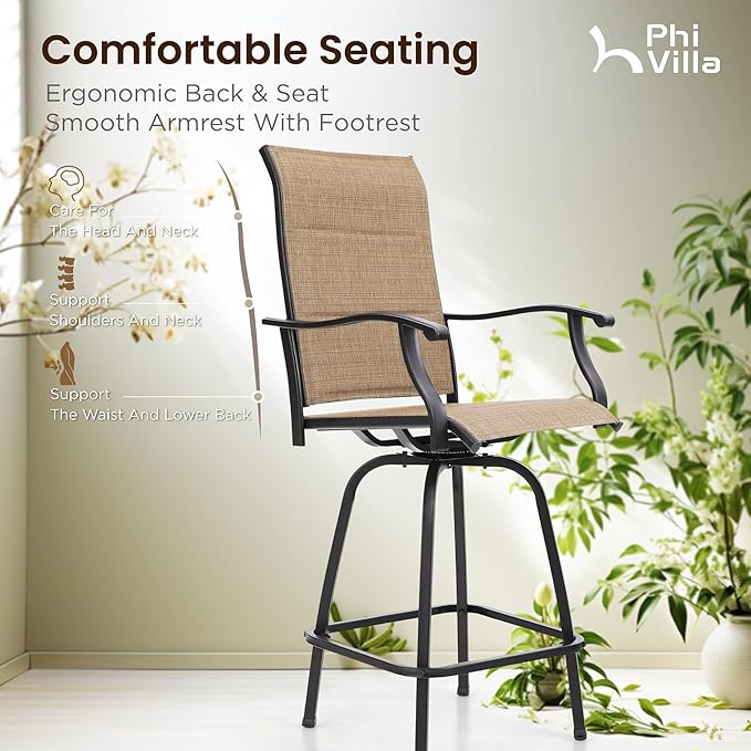 PHI VILLA 5 Piece Outdoor Bar Set, High Top Patio Dining Table and Chairs with 4 Swivel Padded Bar Stools (Brown) & Wood-Like Steel Bar Table for Deck, Garden, Poolside and Porch