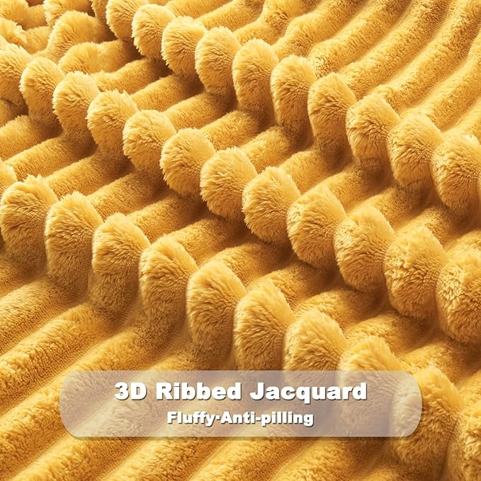 NEWCOSPLAY Super Soft Throw Blanket Mustard Yellow Premium Silky Flannel Fleece 3D Ribbed Jacquard Lightweight Bed Blanket All Season Use (Mustard Yellow Ribbed, Throw(50"x60"))
