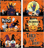 Plastic Placemats Set of 6 Halloween Table Mats - Trick or Treat Kitchen Decor - Wipe Clean, Washable, Recyclable - Orange Place Mats for Indoor/Outdoor - Heat Resistant - Kitchen/Dining Table