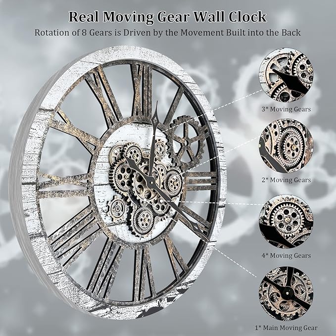 HOIBAI Large Wall Clock Clocks for Living Room Decor Oversized 30 Inch Wall Decor Farmhouse Vintage Rustic Industrial Roman Big Chic Home Decor Wall Clock for House Bedroom, Moving Gears Clock