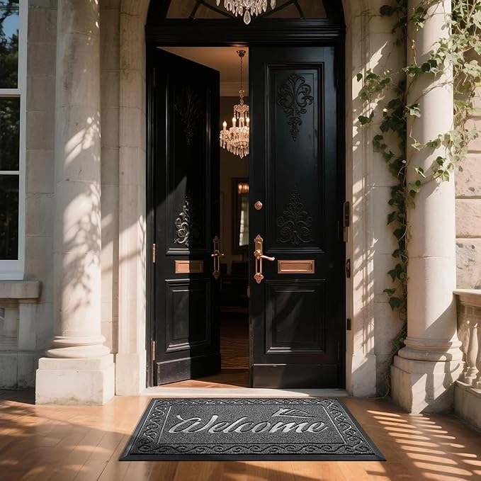 Yimobra Welcome Mat, Heavy Duty Sturdy Door Mats for Home Entrance Outdoor Indoor, Front Doormat for Outside Patio Floor Entry Porch Garage Office, Waterproof, Low Profile, 47X32 Inches, Black Grey