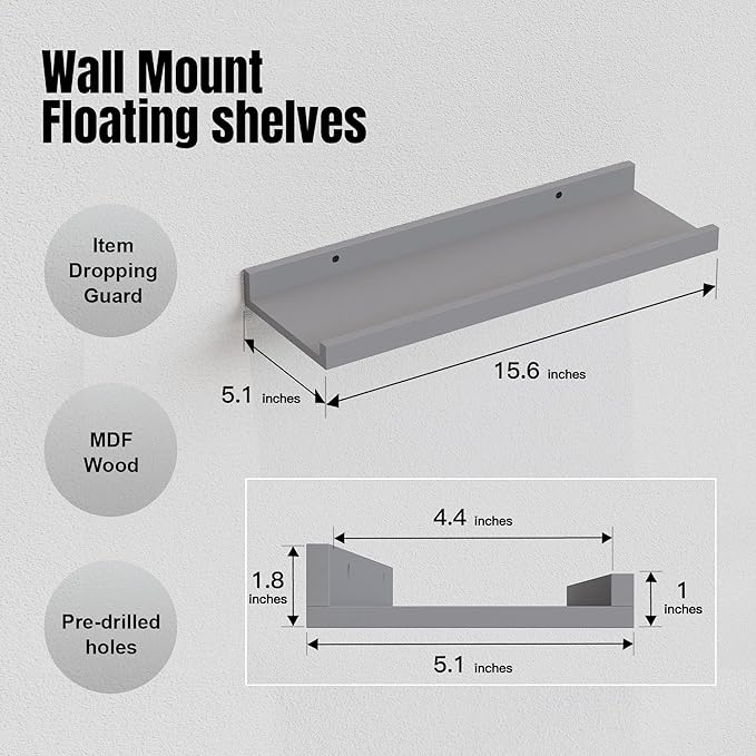 RICHER HOUSE Mounted Shelves for Wall Decor, Modern Picture Ledge Shelf with Lip for Wall Storage Nursery, Bedroom, Living Room, Bathroom - Grey