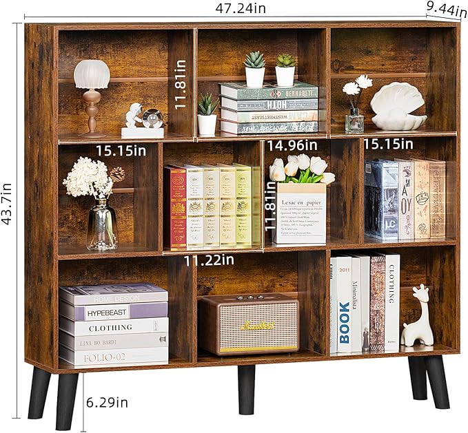 LEYAOYAO 10 Cube Bookshelf - 3 Tier Modern Wide Bookcase