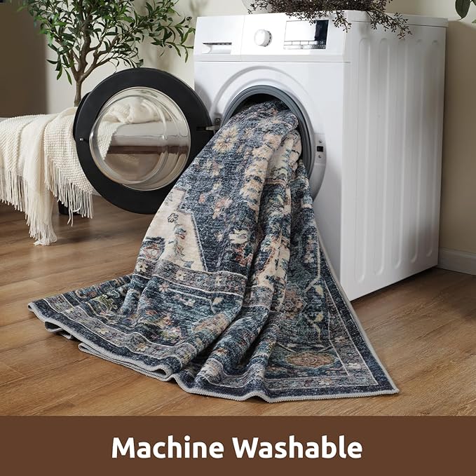 AMOAMI-4X6 Area Rugs for Living Room -Soft Vintage Bedroom Rugs-Non Slip Washable Rug-Throw for Living Room Bedroom Bedside Dining Room Office Blue