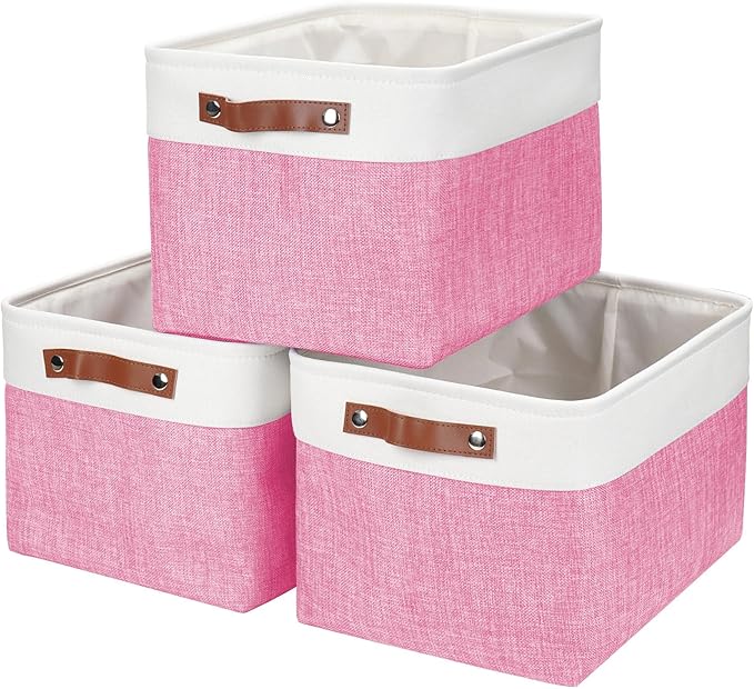 Storage Bins Large Fabric Storage Baskets for Shelves 3 Pack, Decorative Linen Closet Baskets with Handles for Organizing, Shelf, Clothes, Home, Office, 15x11x9.5Inches (Pink&White)
