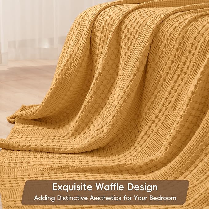 PHF 100% Cotton Waffle Weave Blanket Twin Size, Soft Lightweight Breathable Cozy Summer Blankets for Bed, Luxury Aesthetic Woven Bedding for Home Decor, 66"x90", Ginger/Honey Yellow