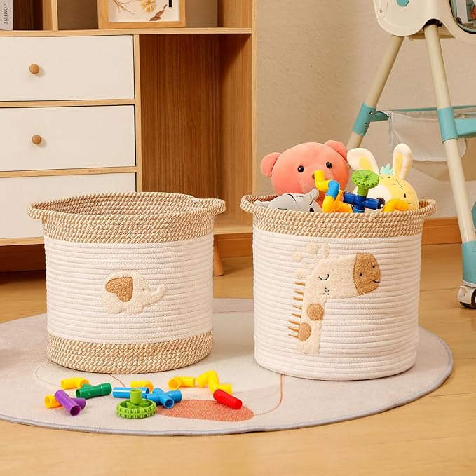 INough Toy Storage Baskets Woven Cotton Rope Storage Basket for Kids, Blanket Baskets for Living Room Toy Basket Box Toys Organizer with Embroidery Decor Cute Baskets for Nursery, Playroom (Elephant)