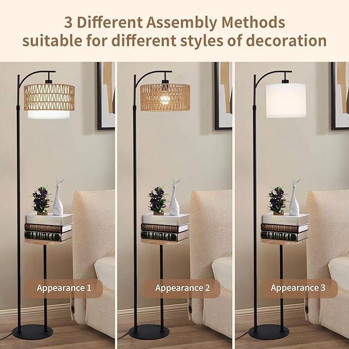 Arc Floor Lamp with Table and Shelves,Rattan Boho Floor Lamp with Remote Control,Rustic Floor Lamps for Bedroom Wicker Standing Lamp with 3 Color Temperature Tall Lamp for Living Room Corner