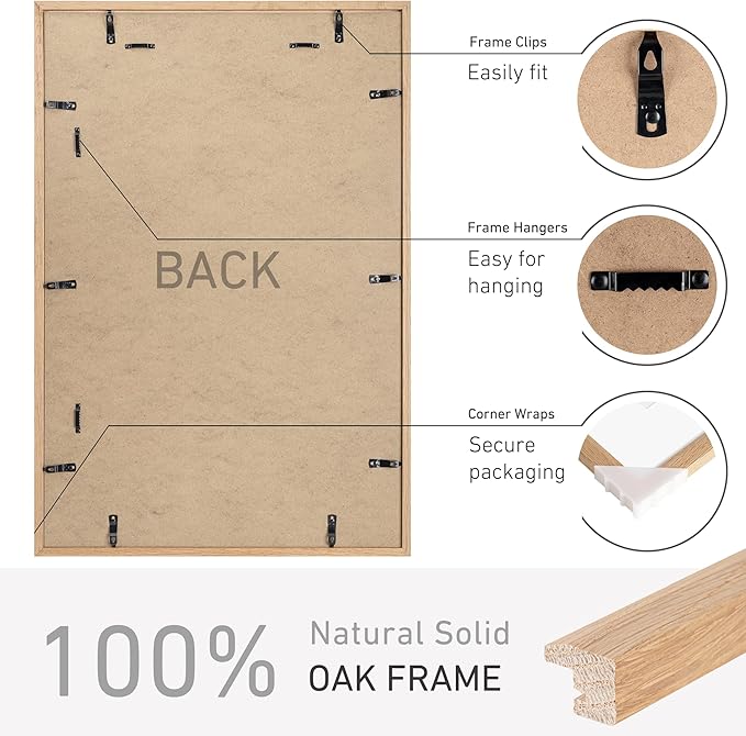 20x30 Poster Frame Natural Solid Oak Photo Frames with 16x24 Removable Mat Wall Hanging Large Handcrafted Frame with HD Plexiglass Wall and Tabletop Display Large Picture Frame
