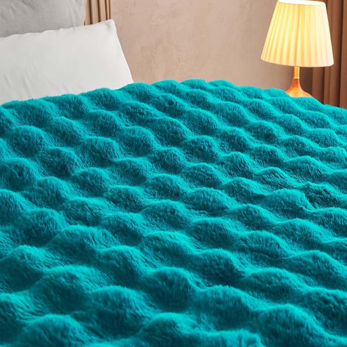 Lotus Karen Faux Fur Throw Blanket Teal - Big Bubble Rabbit Fluff Blanket for Couch Bed Sofa,Softest Fluffy Fuzzy Cozy Blanket,Thick Furry Plush Shaggy Warm Blankets for Women,60x80 Inches