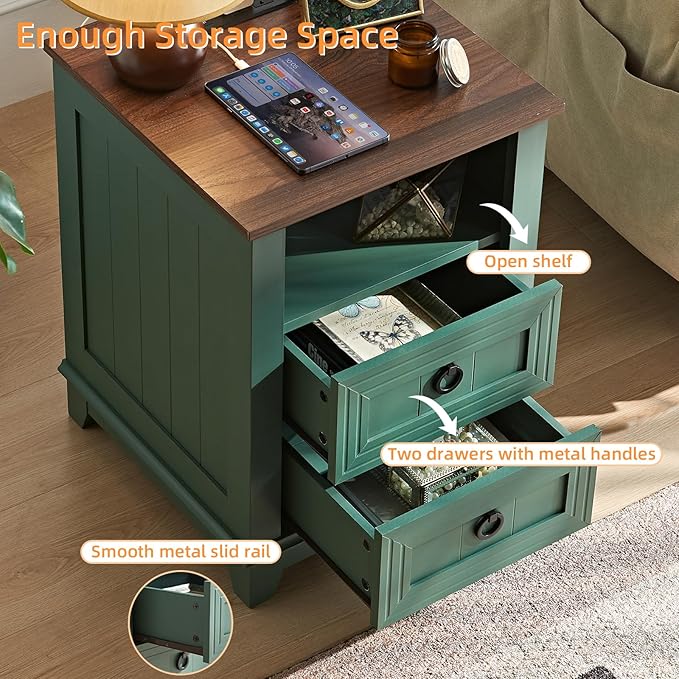 18" Farmhouse Night Stand with Charging Station, 2 Drawers Bedside End Table, Green Wooden Nightstand, Bed Side Table Cabinet with Open Shelf for Bedroom Living Room Office