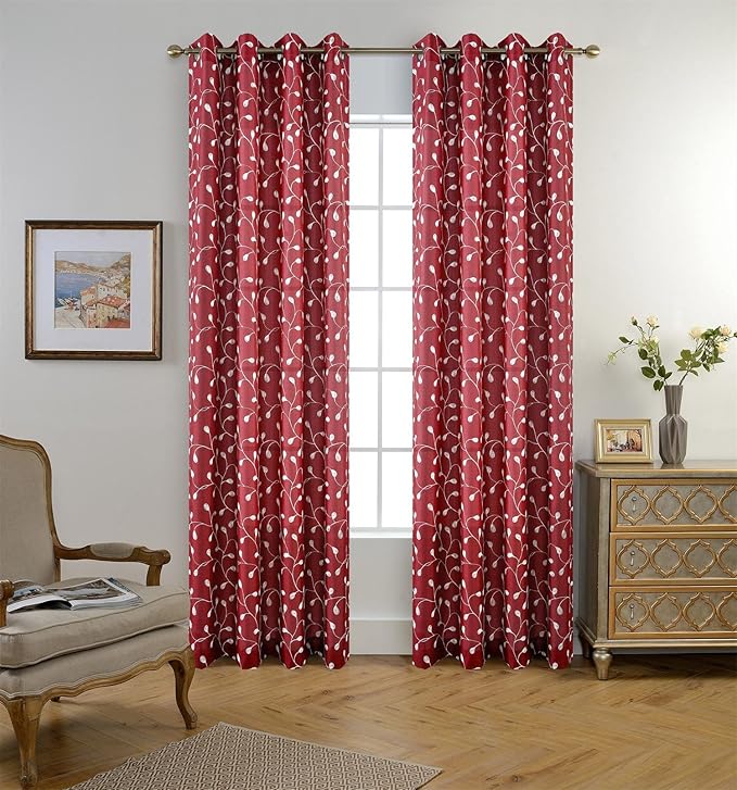 MIUCO Floral Embroidery Semi Sheer Curtain Panels Faux Linen Grommet Curtains for Kids Room 52 x 95 Inch 2 Panels, Burgundy