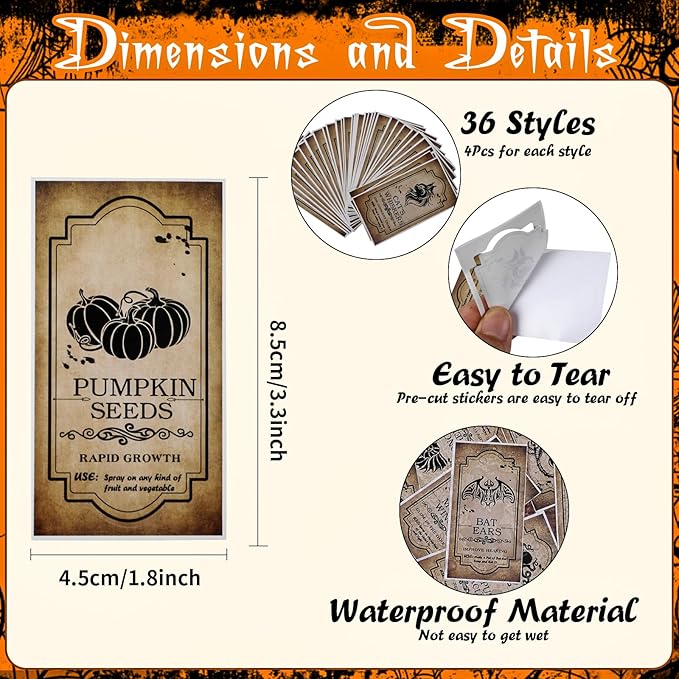 KIMOBER 144PCS Halloween Bottle Labels, Assoeted Vintage Laminated Animal Apothecary Potion Bottles Stickers for Halloween Party Supplies Photo Props