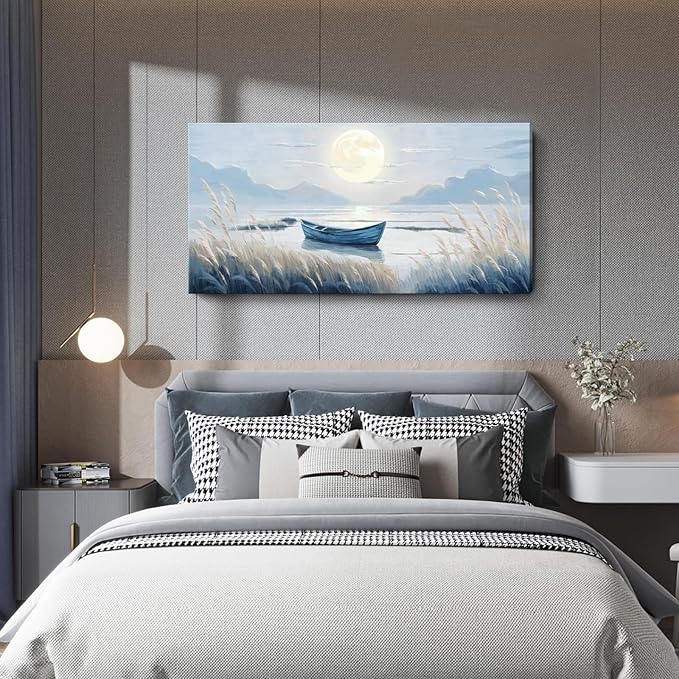 Oversized Large Living Room Wall Art, Blue Wall Decor for Bedroom, Modern Nautical Ocean Beach Seascape Nature Picture Sailboat Moon Lake Mountain Canvas Print Relaxing Serene Coastal Rustic Artwork