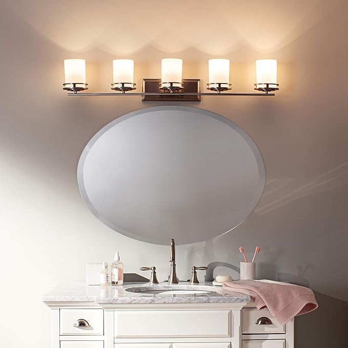 Kichler Hendrik 43" Vanity Light in Brushed Nickel, 5-Light Modern Bathroom Vanity with Satin Etched Cased Opal Glass, (43" W x 7.75" H), 5085NI