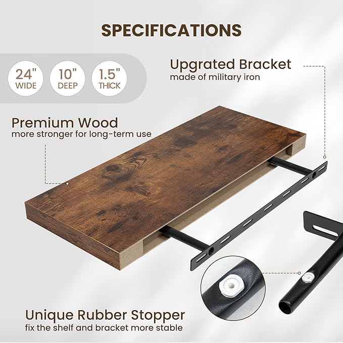 Fun Memories 24 Inch Floating Shelves Wall-Mounted, 10 Inch Deep Wall Shelves, 24 x 10 Floating Shelf for Living Room Bathroom Bedroom, Rustic Brown, Set of 2